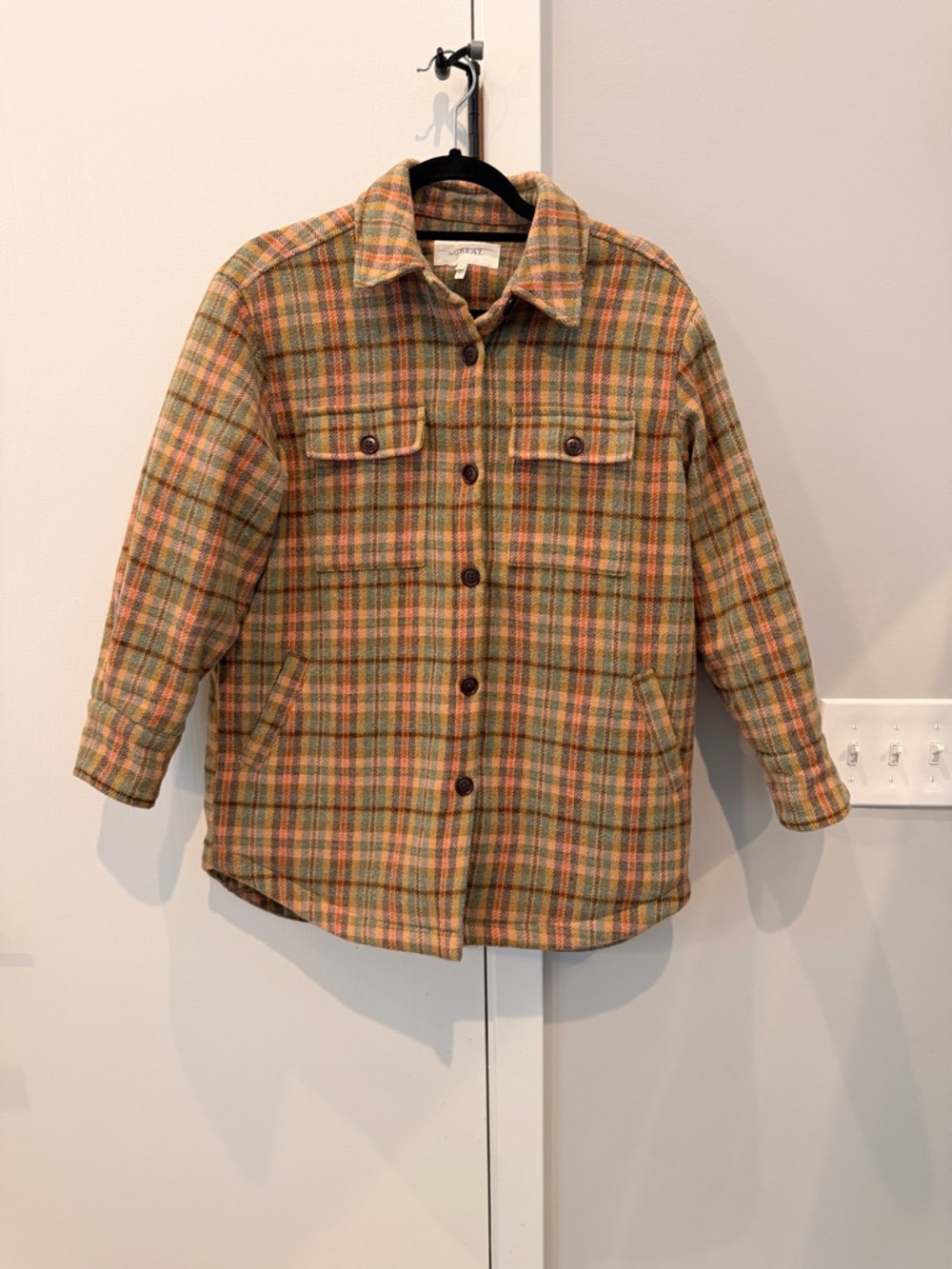 THE GREAT. Plaid Bomber Jacket in Olive, Rust, Tan